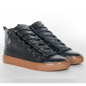 Arena Black Creased Leather Brown Sole Sneakers