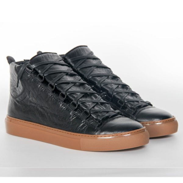 Arena Black Creased Leather Brown Sole Sneakers