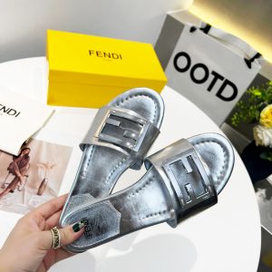 Fendi Baguette Silver Nappa Leather Slides