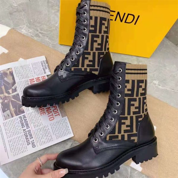 Fendi Black Leather Biker Boots With FF Motif Sock Leg - Image 5