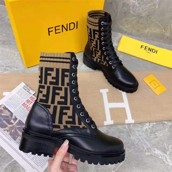 Fendi Black Leather Biker Boots With FF Motif Sock Leg - Image 6