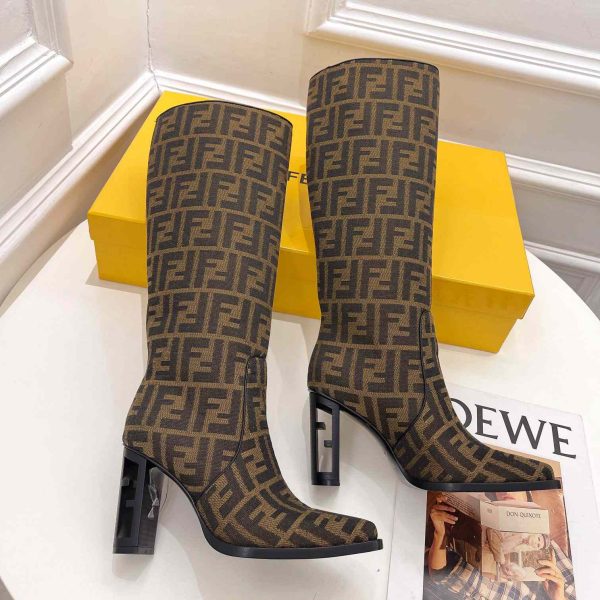 Fendi Cut Brown High-Heeled Brown FF Chenille Boots