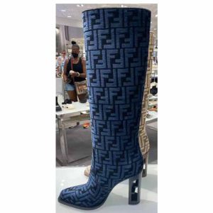 Fendi Cut High-Heeled Blue FF Chenille Boots