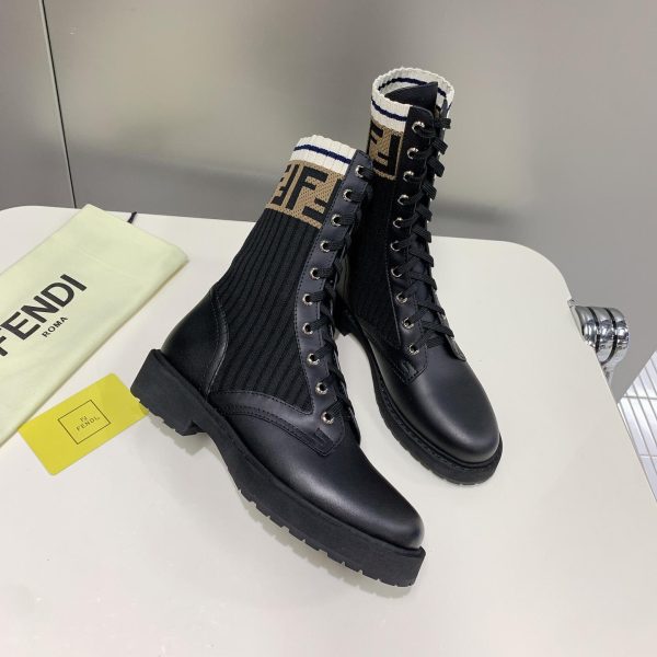 Fendi Rockoko Black Leather Biker Boots With Stretch Fabric