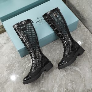 Prada Black Brushed Leather And Mesh Boots